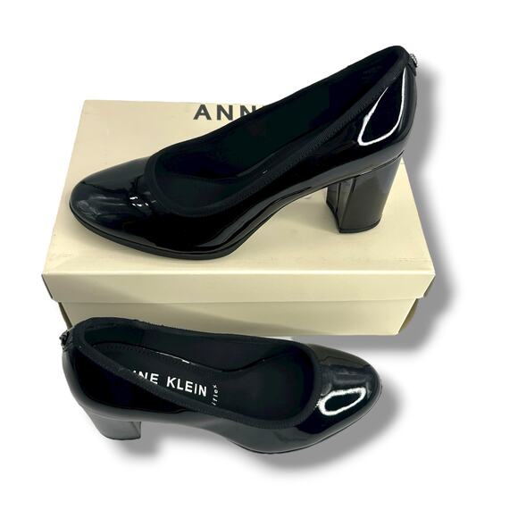 Anne Klein Castana Round Toe Block Heel Pumps Size 8 Black Patent Leather Heels - Picture 5 of 10